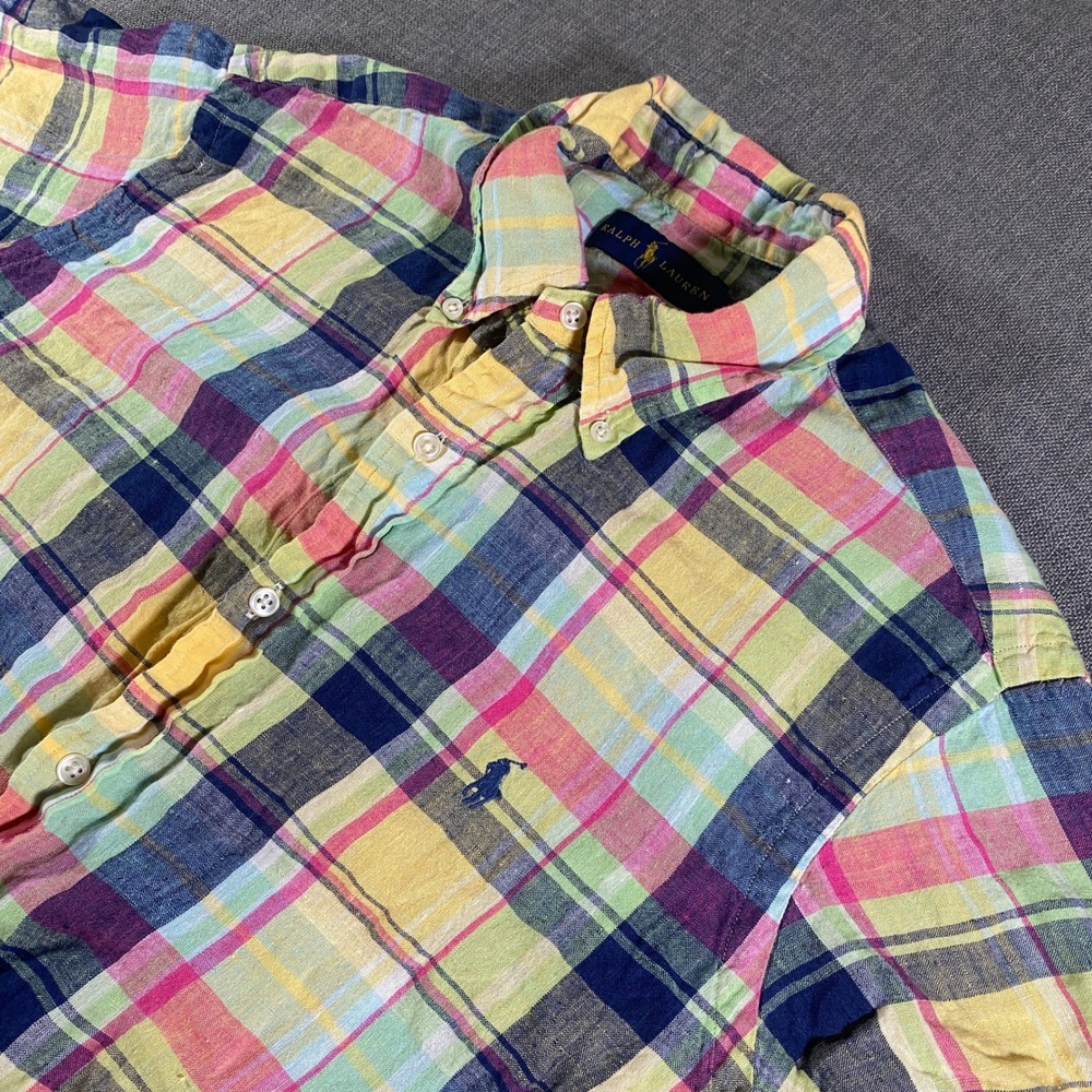 Ralph Lauren Men's Short Sleeve Madras Plaid Button Down Shirt Linen Blend Large